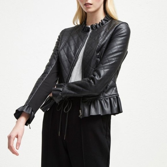 French Connection Brishen PU Frill Edge Faux Leather Biker Jacket Small - Picture 1 of 11